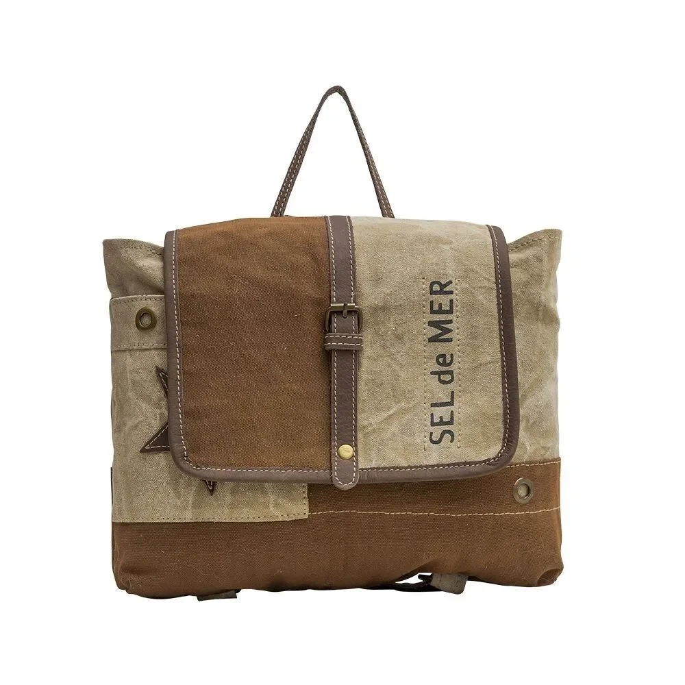 Myra Bag Handmade Tahini Backpack Upcycled Canvas & Cowhide Leather